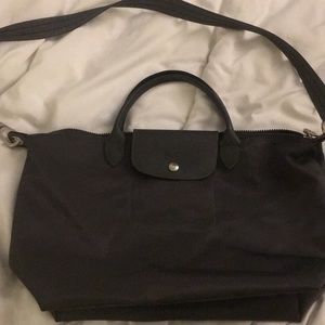 Grey Longchamp tote with shoulder strap